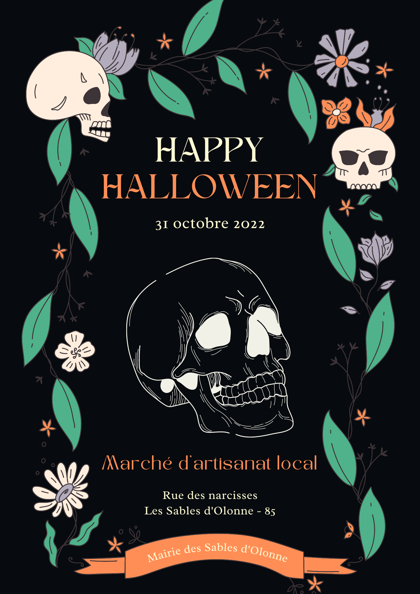 black and orange illustration halloween flyer